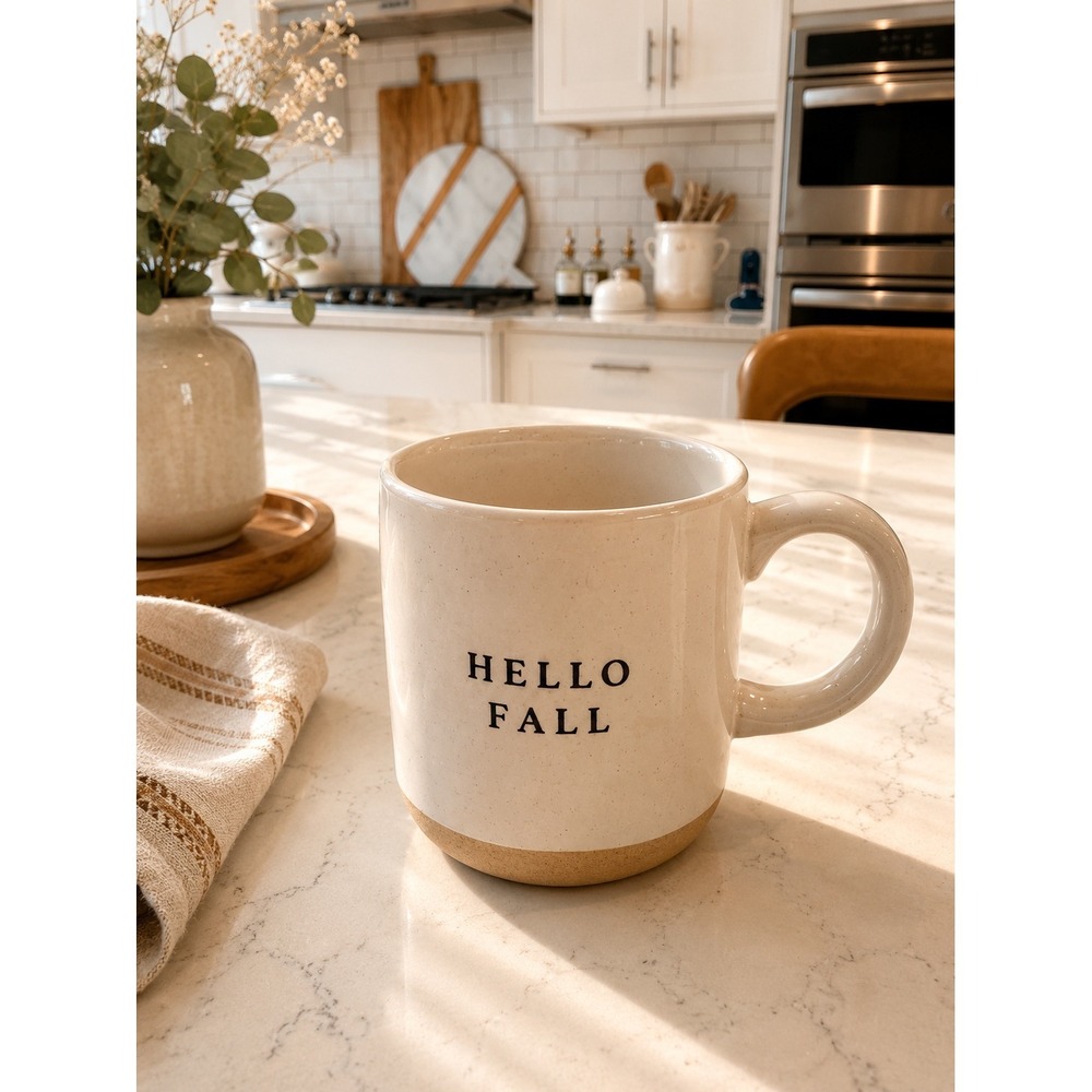Sweet Water Decor Hello Fall Stoneware Coffee Mug Cream Speckled 14oz Autumn